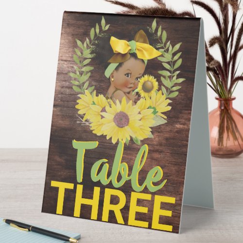 Ethnic Baby Girl  Yellow Sunflower Baby Shower Table Tent Sign