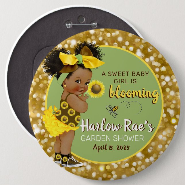 Ethnic Baby Girl | Yellow Sunflower Gold Glitter Button (Front & Back)