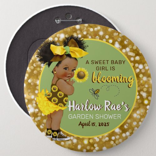 Ethnic Baby Girl  Yellow Sunflower Gold Glitter Button