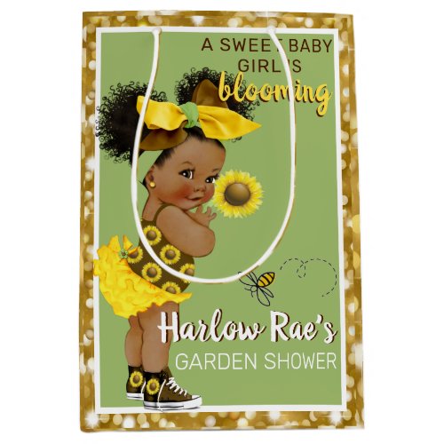 Ethnic Baby Girl  Yellow Sunflower Gold Glitter Medium Gift Bag