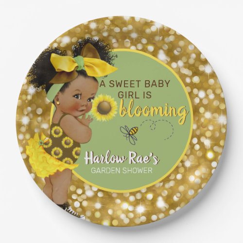 Ethnic Baby Girl  Yellow Sunflower Gold Glitter Paper Plates