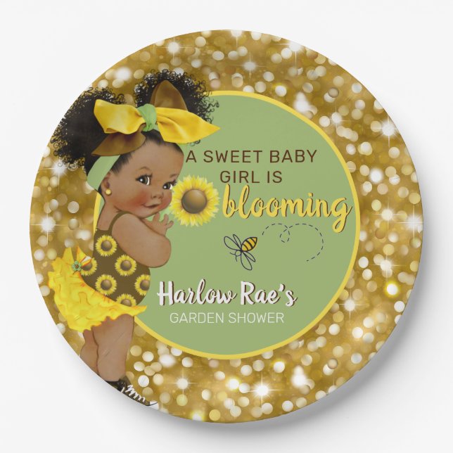 Ethnic Baby Girl | Yellow Sunflower Gold Glitter Paper Plates (Front)