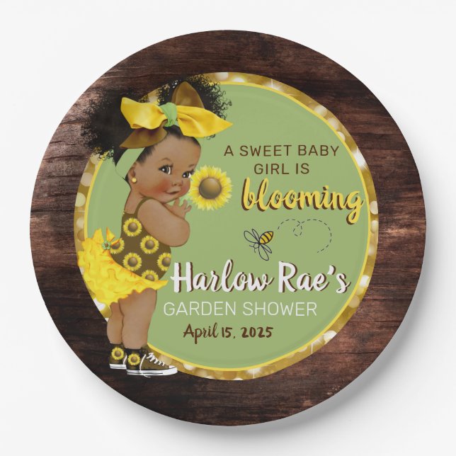 Ethnic Baby Girl | Yellow Sunflower Rustic  Paper Plates (Front)