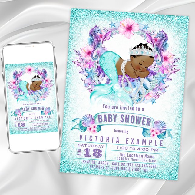 Ethnic Baby Mermaid Baby Shower Invitation (Adorable mermaid baby shower invitation. Instant download and printed invitations available.)