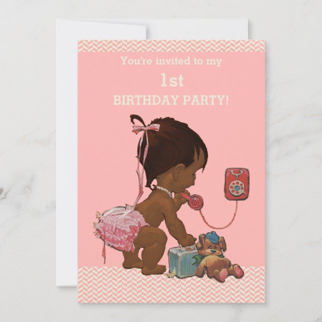 Ethnic Baby on Phone Pink Chevrons 1st Birthday Invitation (Front)