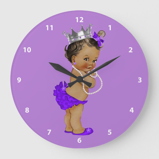 Ethnic Baby Princess and Pearls Purple Large Clock (Front)
