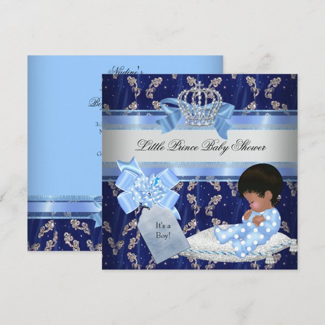 Ethnic Baby Shower Boy Blue Little Prince Crown Invitation (Front/Back)
