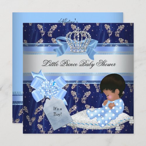 Ethnic Baby Shower Boy Blue Little Prince Crown Invitation