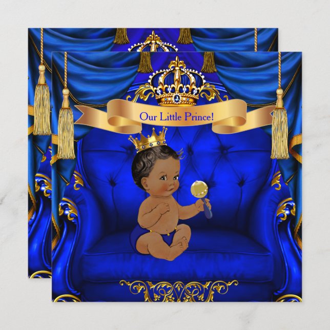 Ethnic Baby Shower Boy Prince Royal Blue Gold Invitation (Front/Back)