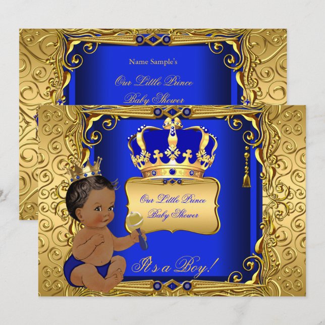 Ethnic Baby Shower Boy Royal Blue Gold Invitation (Front/Back)