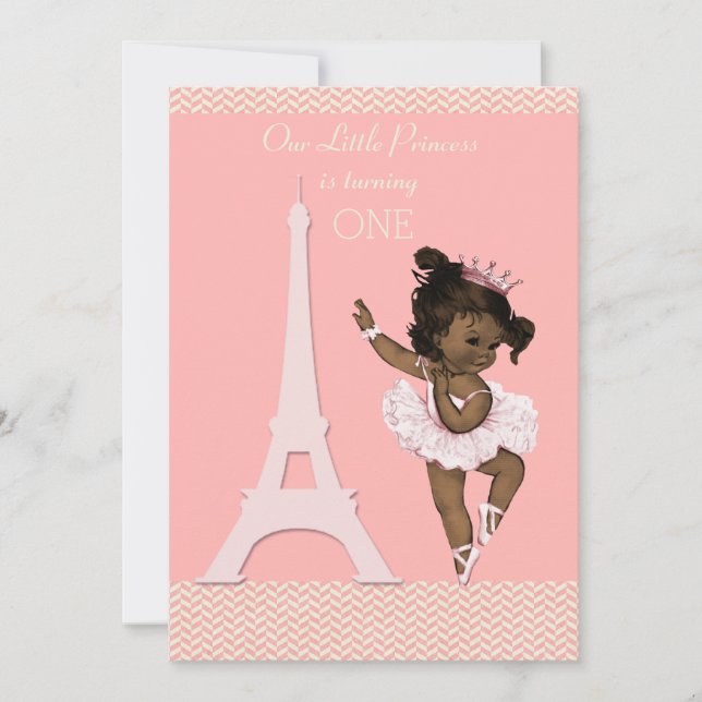 Ethnic Ballerina Eiffel Tower Chevron 1st Birthday Invitation (Front)