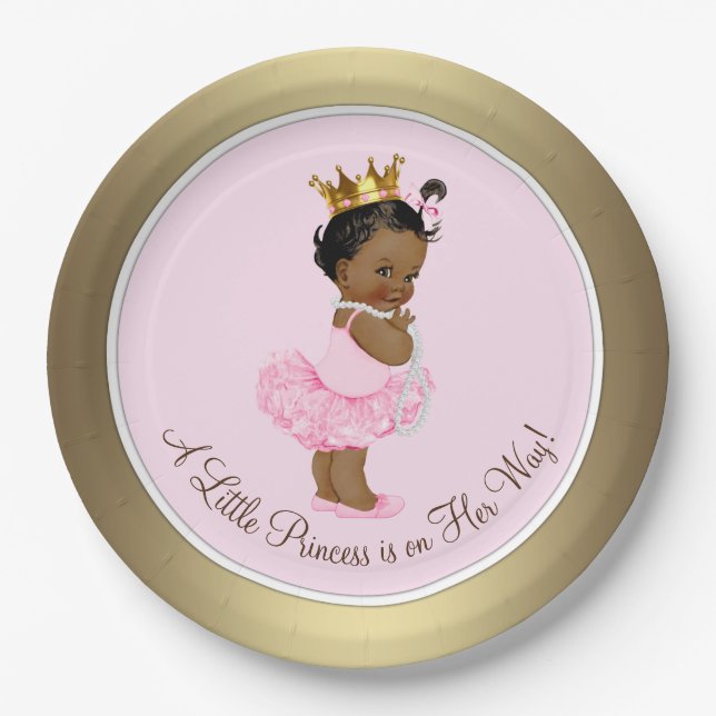 Ethnic Ballerina Princess Pink Gold Baby Shower Paper Plates (Front)