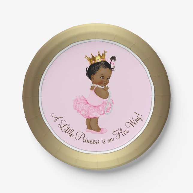 Ethnic Ballerina Princess Pink Gold Baby Shower Paper Plates (Front)