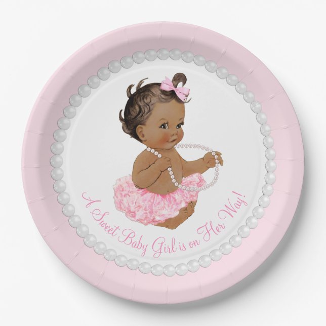 Ethnic Ballerina Tutu Pearl Baby Shower Paper Plates (Front)