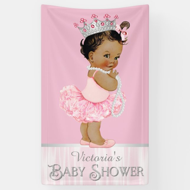 Ethnic Ballerina Tutu Pearl Pink Gray Baby Shower Banner (Vertical)