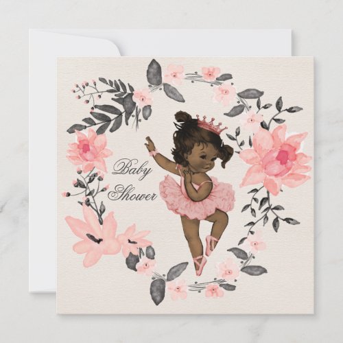 Ethnic Ballerina Watercolor Wreath Baby Shower Invitation