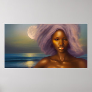 Ethnic Beautiful Woman Beach moonlight ocean Poster