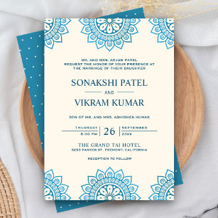 Ethnic Beige and Blue Mandala Indian Wedding Invitation