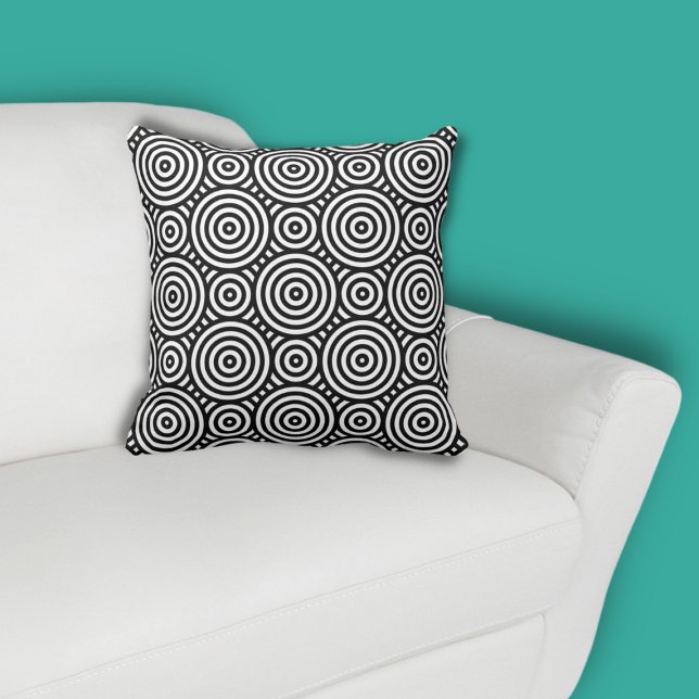 Ethnic Black Circle Pattern White Throw Pillow (Ethnic Nested Circle Black Pattern on White Throw Pillow, color customization possible)