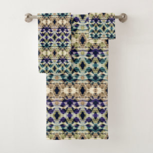 Ethnic blue, beige ikat bath towel set