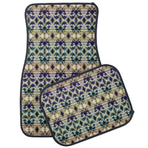 Ethnic blue, beige ikat car floor mat
