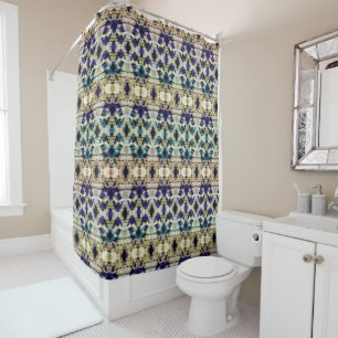 Ethnic blue, beige ikat shower curtain