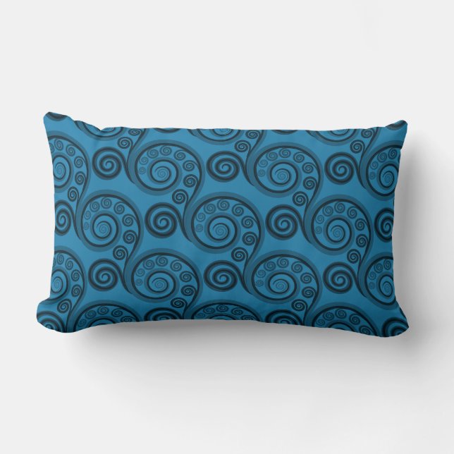 Ethnic Blue Fern Frond Swirls Lumbar Pillow (Front)