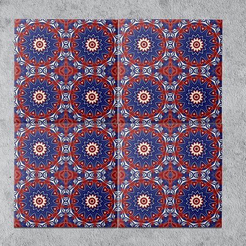 Ethnic Blue Red White Mosaic Geometric Pattern Ceramic Tile