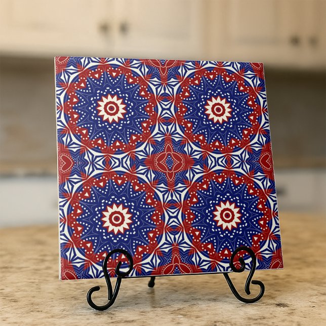 Ethnic Blue Red White Mosaic Geometric Pattern Ceramic Tile (Creator Uploaded)