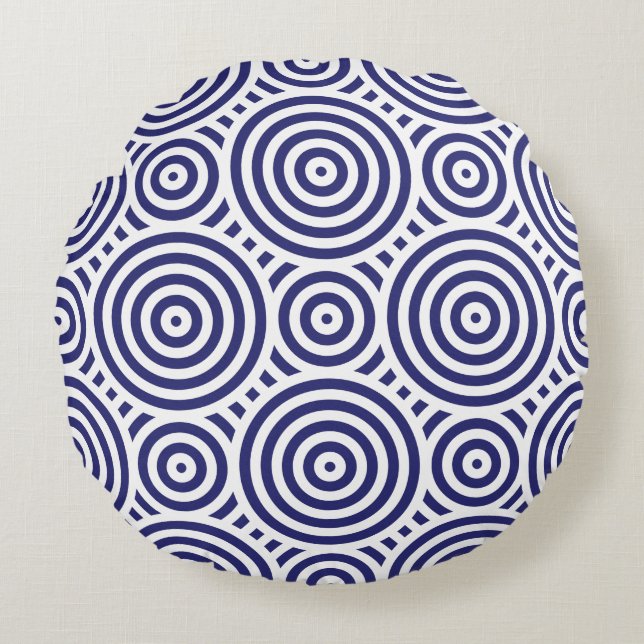 Ethnic Blue & White Geometric Circle Pattern Round Pillow (Front)
