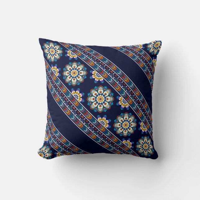 Ethnic Bohemian Flower Chevron Diagonal Stripe  Throw Pillow (Front)