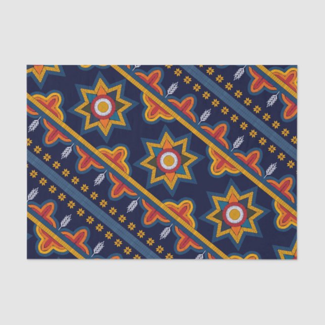 Ethnic Bohemian Orange Star Navy Decoupage Tissue Paper (Front)