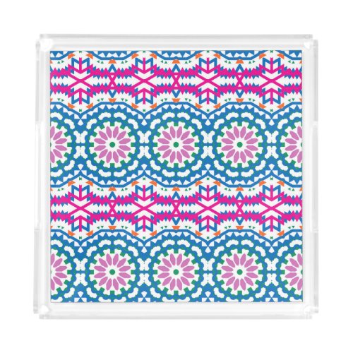 Ethnic Bohemian Pattern with Flowers Acrylic Tray