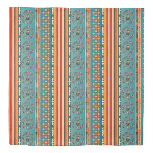 Ethnic Bohemian Teal Green Orange Red Striped Owl  Duvet Cover