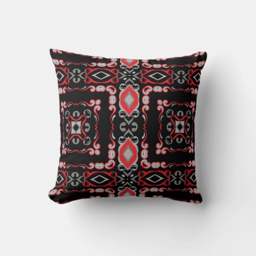 Ethnic Boho Folk Art Black Red And Grey Pattern Throw Pillow