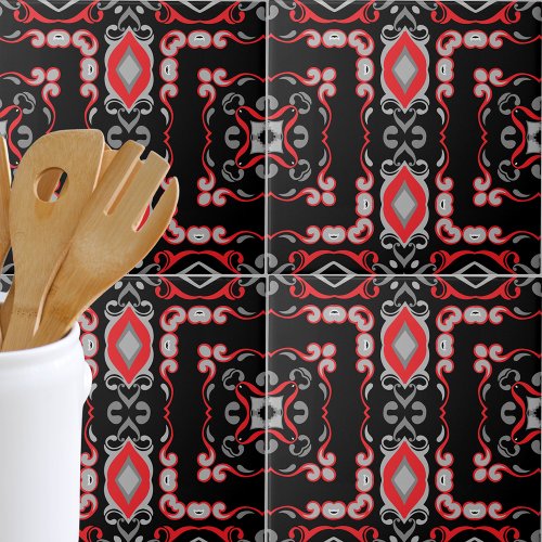 Ethnic Boho Folk Art Mosaic Black Red Gray Pattern Ceramic Tile