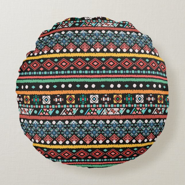 Ethnic Boho: Geometric Pixel Print Round Pillow (Front)