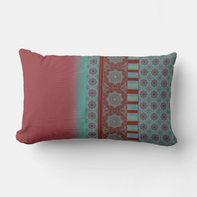 Ethnic Boho Hippie Gothic Mandala Ombre Teal Red Lumbar Pillow (Front)