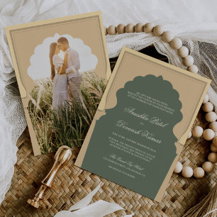 Ethnic Boho Indian Ivory Arch Sage Green Wedding Invitation