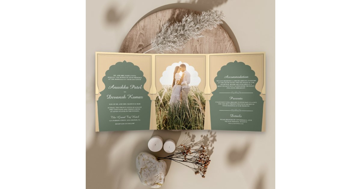 Ethnic Boho Indian Ivory Sage Green Arch Wedding Tri-Fold Invitation