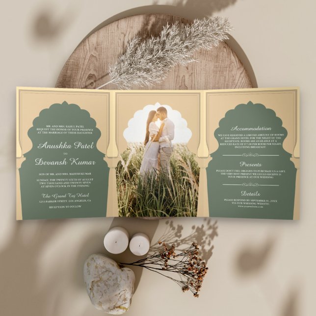 Ethnic Boho Indian Ivory Sage Green Arch Wedding Tri-Fold Invitation (Creator Uploaded)