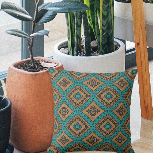 Ethnic Boho Moroccan Turquoise And Bronze Pattern Outdoor Pillow