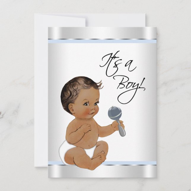 Ethnic Boy Baby Blue Silver Baby Shower Invitation (Front)