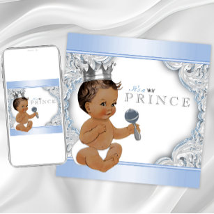 Ethnic Boy Baby Blue Silver Prince Baby Shower Invitation