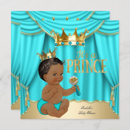 Ethnic Boy Baby Shower Prince Aqua Blue Gold Crown Invitation