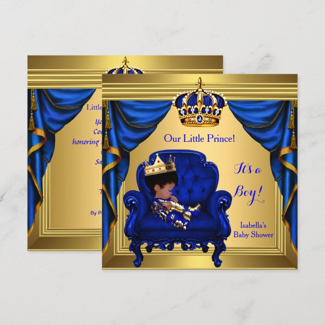 Ethnic Boy Baby Shower Prince Royal Blue Gold Invitation (Front/Back)