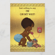 Ethnic Boy on Phone Baby Shower Gold Chevrons Invitation