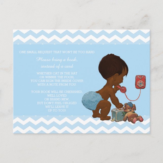 Ethnic Boy on Phone Blue Chevron Baby Book Request Postcard (Front)