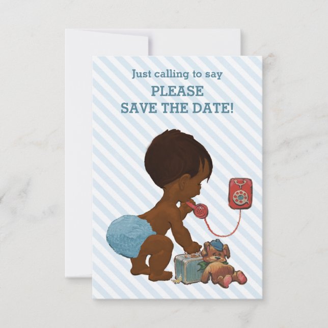 Ethnic Boy On Phone Diagonal Stripe Save The Date (Front)