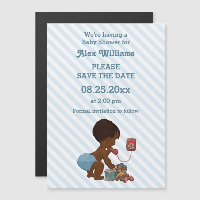 Ethnic Boy On Phone Diagonal Stripes Save The Date Magnetic Invitation (Front/Back)